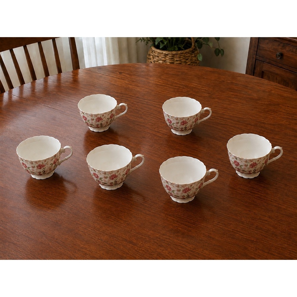Lefton China  Hand Painted Pink Rose Tea Cups Set of 6 Scalloped